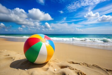 Obraz premium Colorful beach ball on sandy tropical beach with ocean in background