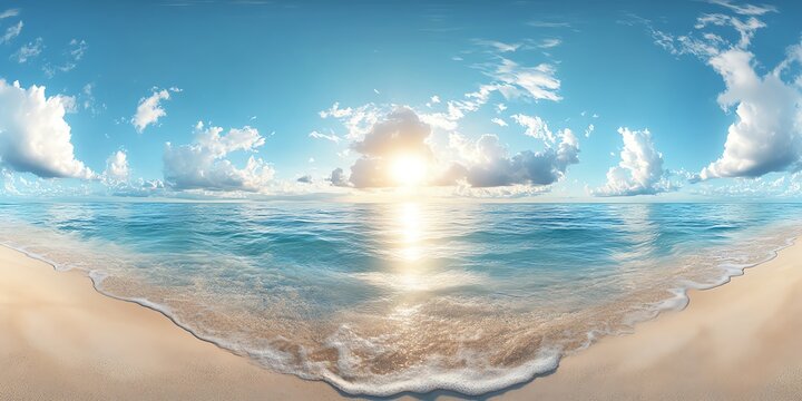Sunny day with blue sky, fluffy clouds, and ocean waves rolling in to the sandy shore.