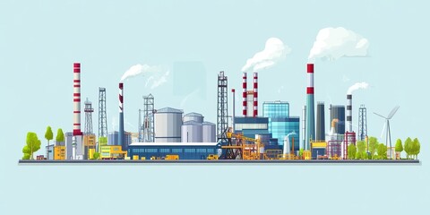 Obraz premium Illustrative industrial landscape showcasing factories, smokestacks, and renewable energy with a clear blue sky.