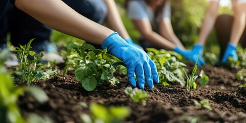 Naklejka premium Hands in gloves planting seedlings in rich soil, showcasing the beauty of teamwork and gardening in a lush environment.