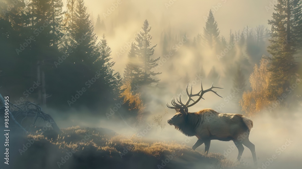 Wall mural Majestic Elk in a Misty Forest