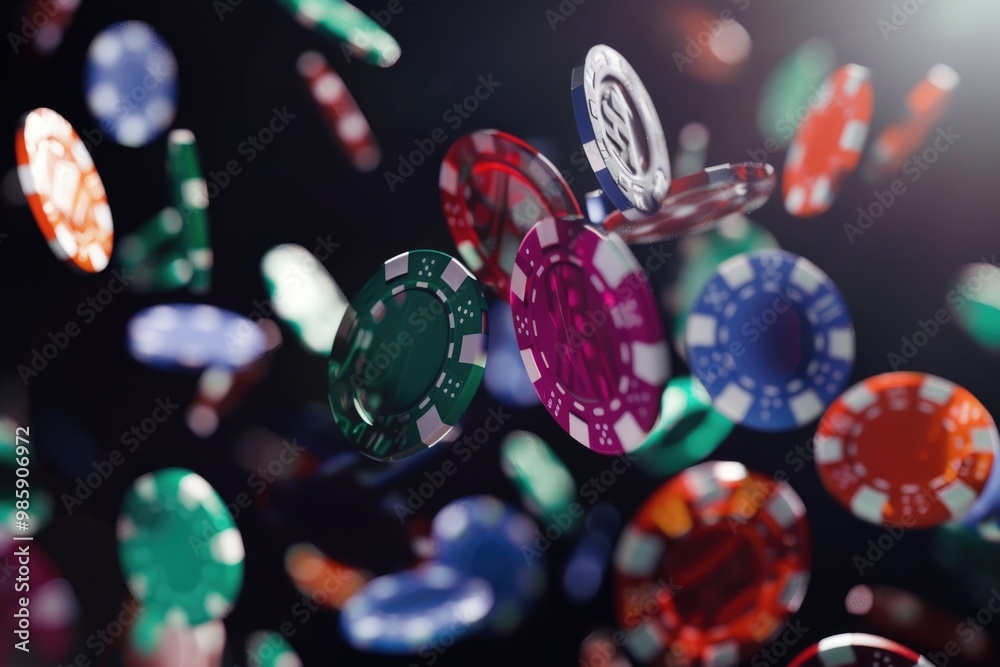 Poster a bunch of colorful poker chips in mid-air, creating a vibrant and dynamic scene