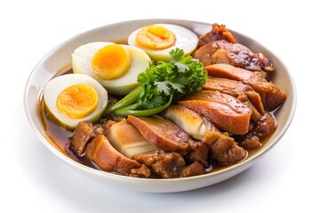 Thai Style Pork Leg Stew with Five Spices, Stewed pork leg and mix pork ,egg in street food, fresh ham on rice, Rice with Pork Leg Stew, Thai street food