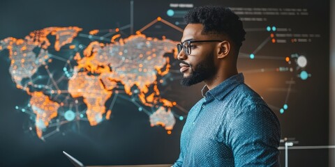 Professional man analyzing global data on a digital map, representing the fusion of technology and decision-making in business.