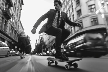 A person rides a skateboard down a city street, showing a mix of urban and recreational activities