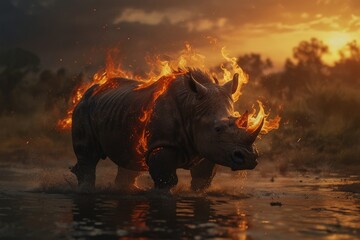 Fototapeta premium Rhinoceros running in front of burning forest, effects of global warming