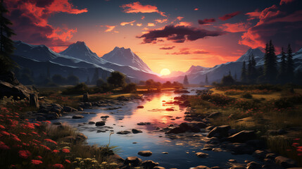 Stunning Mountain Wallpaper with River, Trees, Clouds & Sun - Breathtaking Natural Scenery for Desktop & Mobile