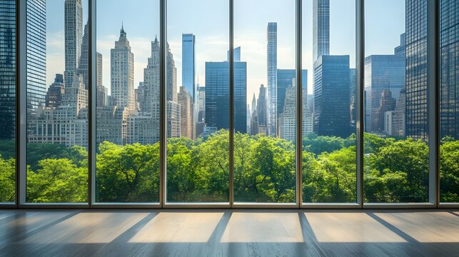 Fototapeta A view of the city from inside an office building, the New York skyline visible through glass windows. Trees can be seen outside, with towering skyscrapers in the distance. 