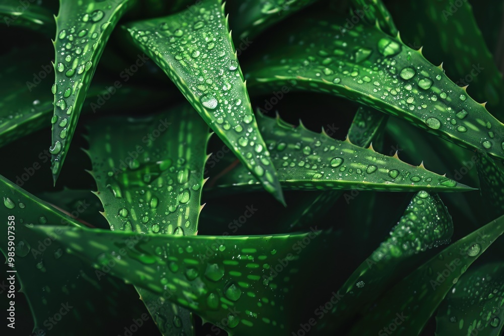 Poster a close-up shot of a plant with small water droplets glistening on its leaves, ideal for use in natu