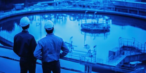 Two engineers observe water treatment facilities, showcasing modern industrial processes and teamwork in a blue-toned environment.