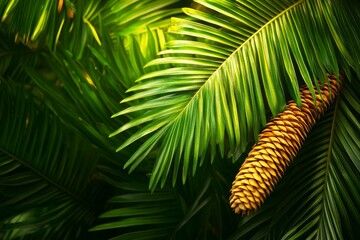 Fototapeta premium Cycas Palm Leaves with Golden Fruit, a tropical foliage with a unique seed cone, symbolizing nature's beauty, growth, resilience, and exotic beauty.
