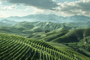 Fototapeta premium A serene landscape with rolling hills and distant mountains