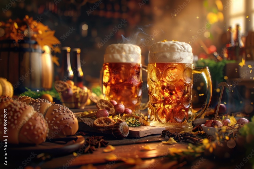 Poster two empty mugs of beer on a table