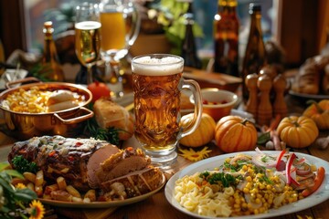 A wooden table set with plates of food and a glass of beer, ideal for outdoor gatherings or casual dining