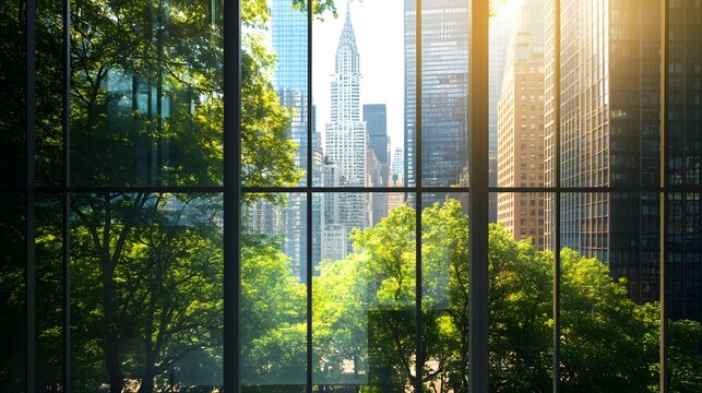 Fototapeta A view of the city from inside an office building, the New York skyline visible through glass windows. Trees can be seen outside, with towering skyscrapers in the distance. 