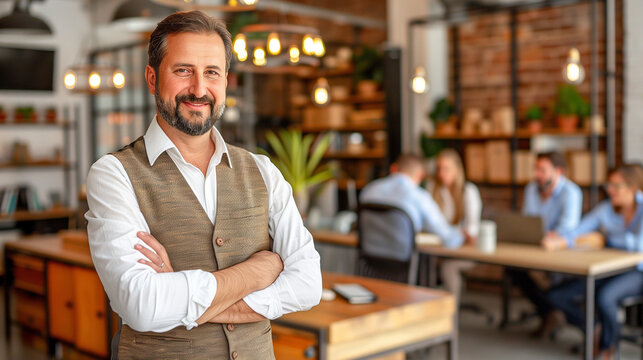 Angel investor with halo evaluating startup pitch, serene smile in soft morning light, entrepreneurial success concept