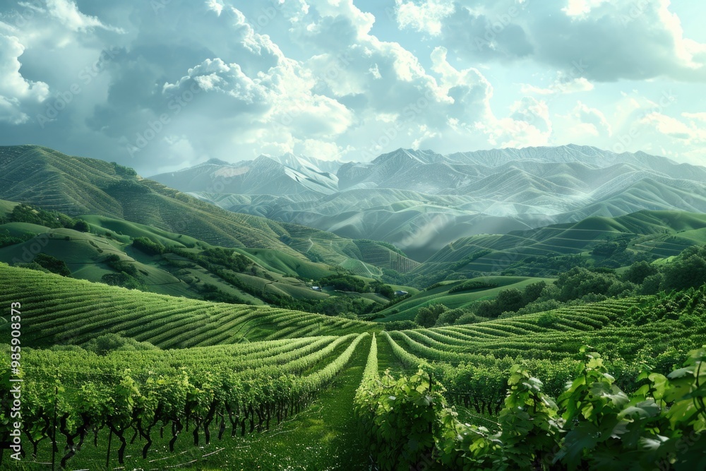 Poster A serene view of a vineyard field with mountains in the background, perfect for agricultural or travel-themed projects