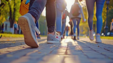 A group of people walking together on a city sidewalk, great for depicting daily life or urban scenes