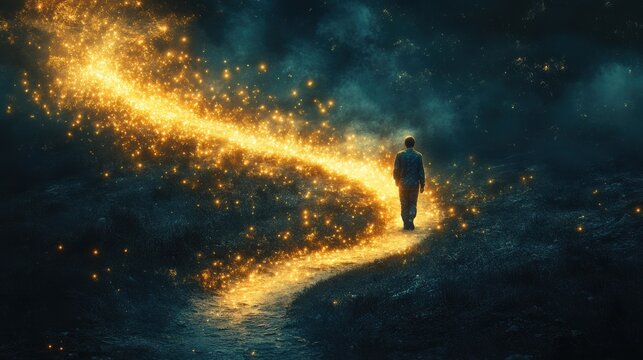 mysterious banner a sleepwalker in pajamas with glowing eyes strolling along a dark, winding patha mystical and enigmatic scene