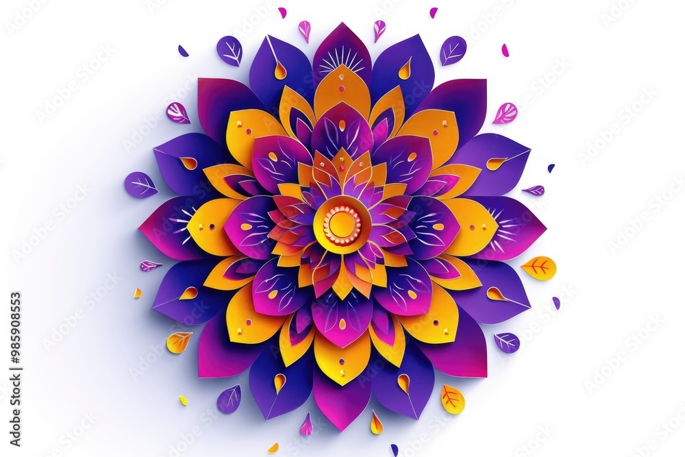 Poster a single purple and yellow flower sits on a white surface, ideal for use in designs related to sprin