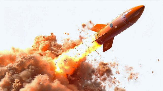 Cohete naranja despegando, sobre un fondo blanco.