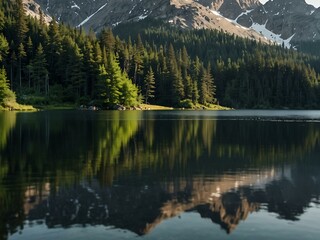 Calm forest lake with mountains in the background.