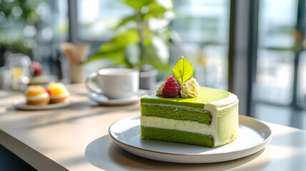 A vibrant matcha cake elegantly displayed at a modern cafe with minimalist decor and large windows showcasing natural light alongside a cup of matcha latte and colorful pastries in the background.