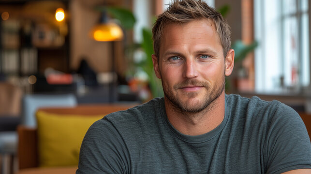 Angel investor with halo evaluating startup pitch, serene smile in soft morning light, entrepreneurial success concept