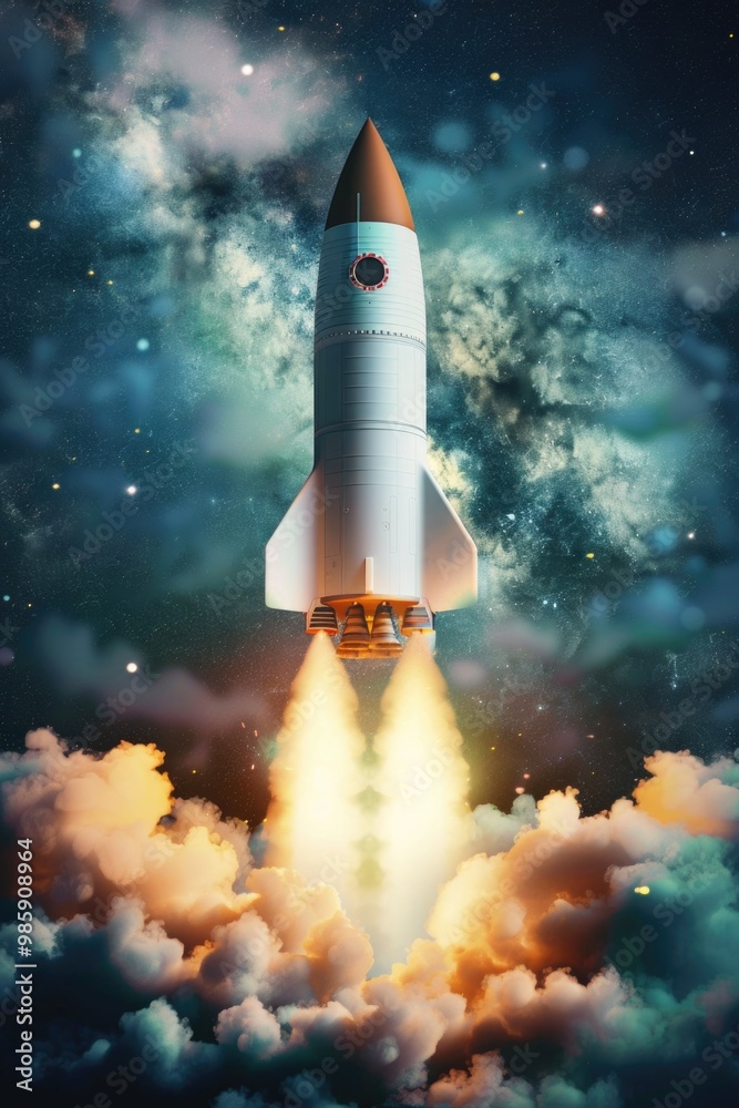Poster a space shuttle soaring through the cloudy sky