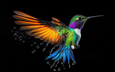 Fototapeta premium Iridescent Hummingbird in Flight with Water Droplets Suspended