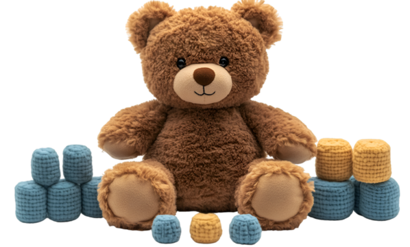 a teddy bear sitting next to several colored objects