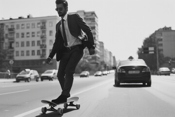 A man in a suit rides a skateboard down a busy street