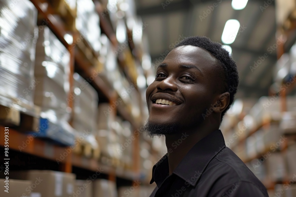 Poster a person smiling for the camera in a warehouse environment