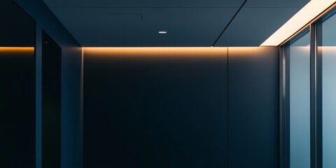 Ambient lighting casts a warm glow in a dark, modern office corridor, highlighting sleek architectural details in the evening