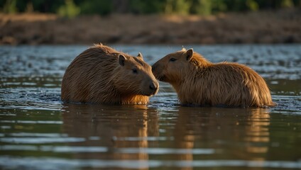 Capybaras at the riverbank, sharing an intimate moment.