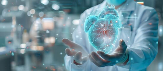 A doctor in a white coat and blue mask is holding an artificial heart with holographic elements