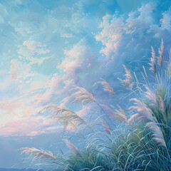 A painting of tall grass under an electric blue sky with fluffy cumulus clouds in the horizon, depicting a natural landscape with terrestrial plants