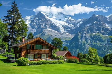 Modern swiss chalet with green grass on mountains background