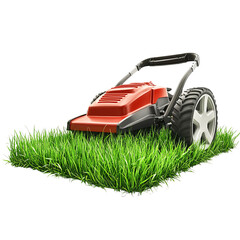 Fototapeta premium Lawn mower on fresh green grass, white background
