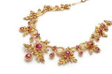 Golden necklace with gems isolated on white background