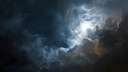 A swirling, abstract sky with a bright light shining through the clouds.