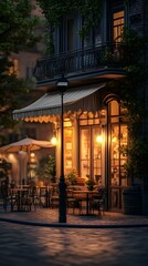 Fototapeta premium A cozy cafe at night with warm lighting and inviting tables.