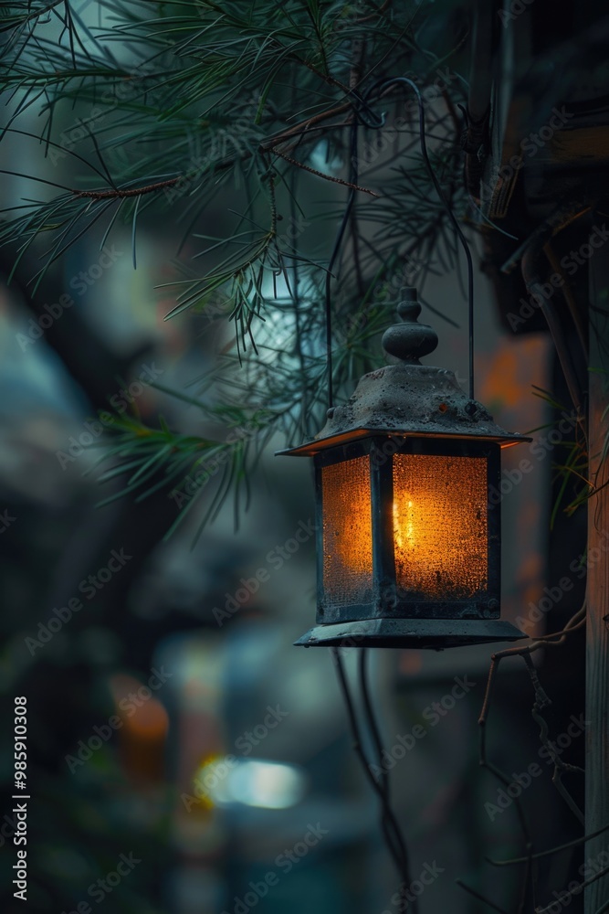 Poster A hanging lantern suspended from a tree branch with foliage and shadows
