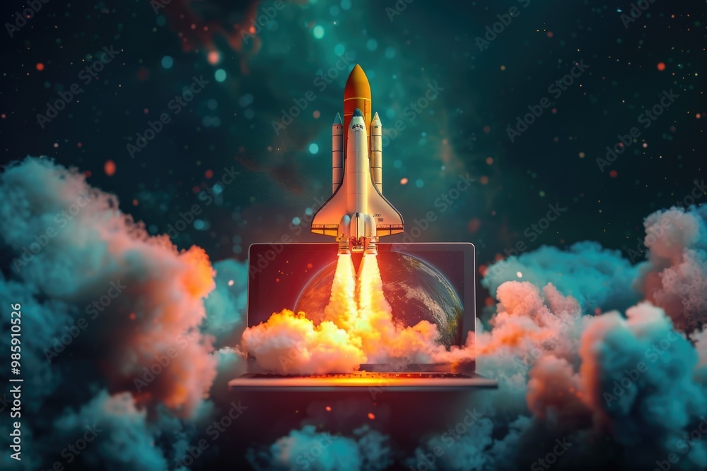 Aufkleber a laptop with a space shuttle emerging from its screen, innovative technology concept