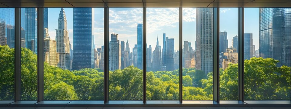 Fototapeta A view of the city from inside an office building, the New York skyline visible through glass windows. Trees can be seen outside, with towering skyscrapers in the distance. 