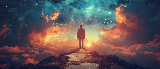 Fototapeta premium Man Standing on a Mountaintop Gazing at the Stars