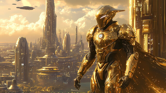 Futuristic alien warrior in golden armor standing in front of a sci-fi city. galactic empire. illustration. Futuristic Armor. Illustration