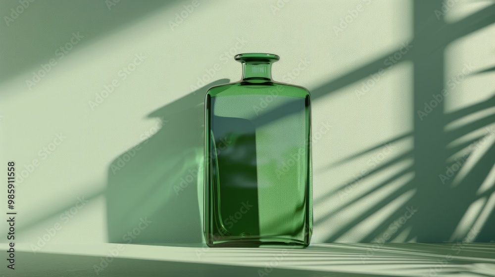 Poster a clear green glass bottle sits on a table, ready for use or display