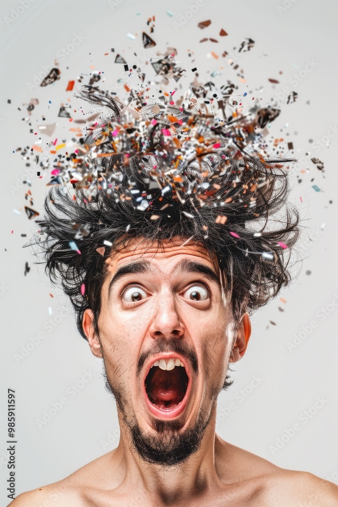 Poster portrait of a person with unkempt hair and no shirt, suitable for use in editorial or lifestyle cont