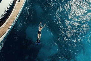 Obraz premium A diver dives into the sea from a yacht